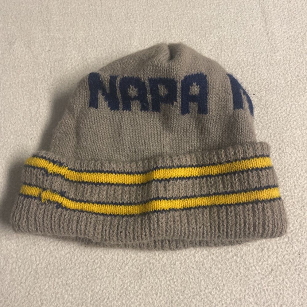 Vintage 80s NAPA Auto Parts Knit Beanie Hat Gray Blue Yellow Striped Racing
